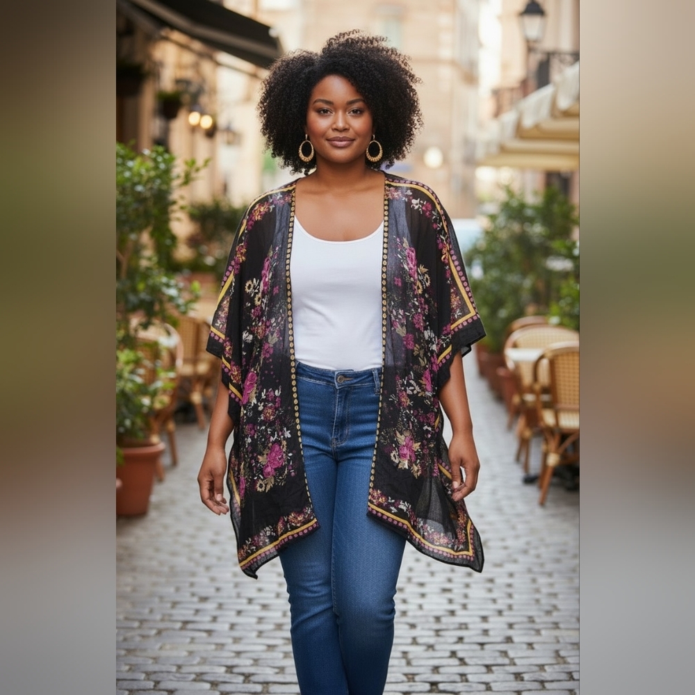 Boho Dark Floral Sheer Kimono Topper NWT One-Size Whimsigoth